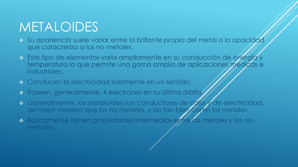 Metaloides Su apariencia suele variar entre la brillante propia del metal o la opacidad que caracteriza a los no metales.