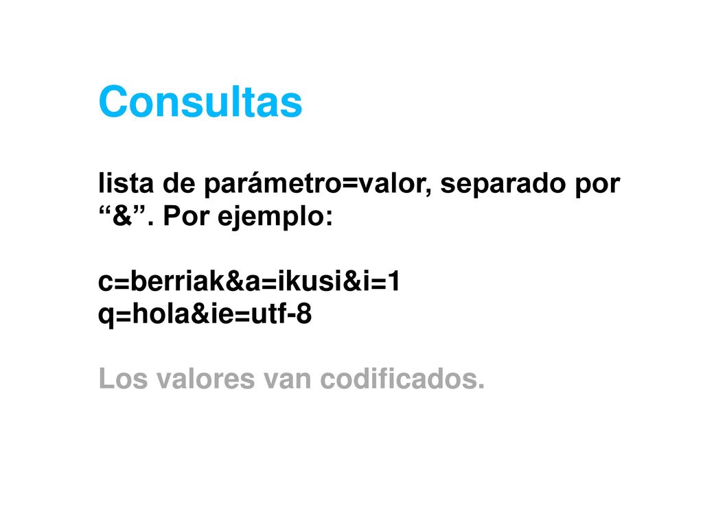 Consultas lista de parámetro=valor, separado por & . Por ejemplo: