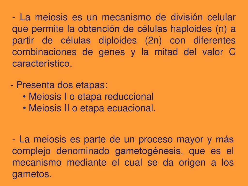 - La meiosis es un mecanismo de división celular que permite la obtención de células haploides (n) a partir de células diploides (2n) con diferentes combinaciones de genes y la mitad del valor C característico.