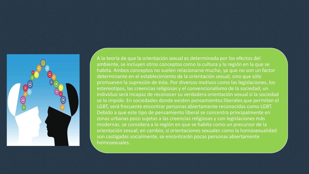 A la teoría de que la orientación sexual es determinada por los efectos del ambiente, se incluyen otros conceptos como la cultura y la región en la que se habita.