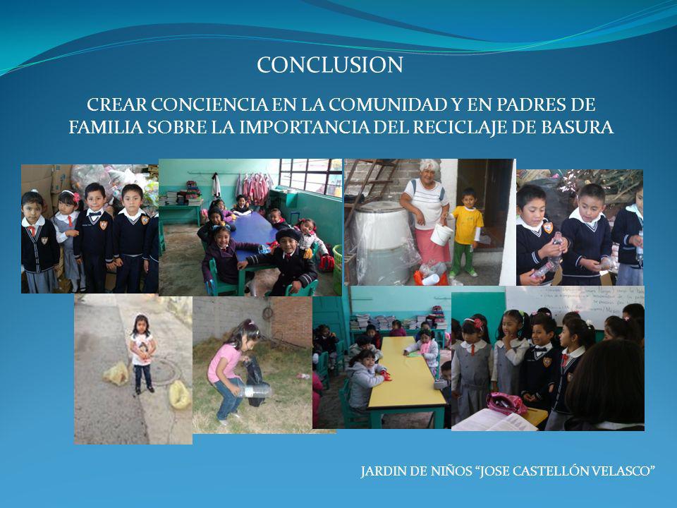 CONCLUSION CREAR CONCIENCIA EN LA COMUNIDAD Y EN PADRES DE FAMILIA SOBRE LA IMPORTANCIA DEL RECICLAJE DE BASURA.