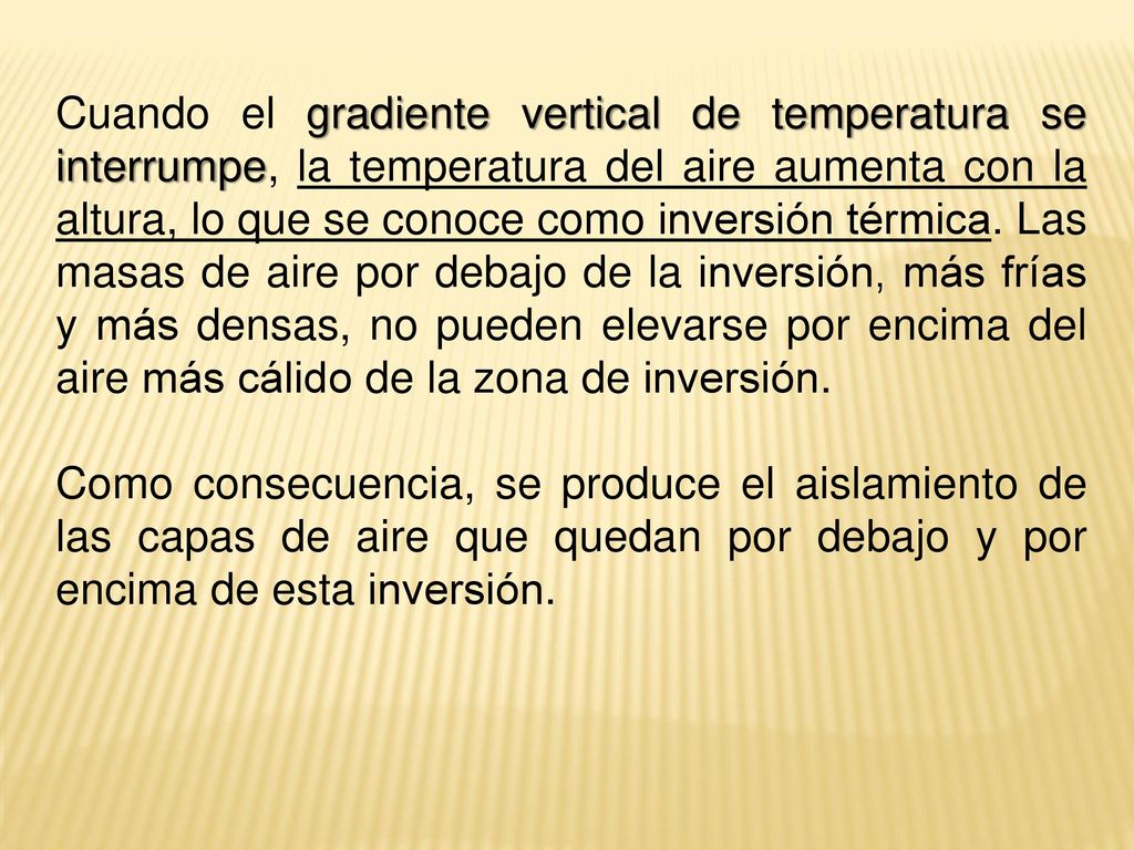 Cuando el gradiente vertical de temperatura se interrumpe, la temperatura del aire aumenta con la altura, lo que se conoce como inversión térmica. Las masas de aire por debajo de la inversión, más frías y más densas, no pueden elevarse por encima del aire más cálido de la zona de inversión.