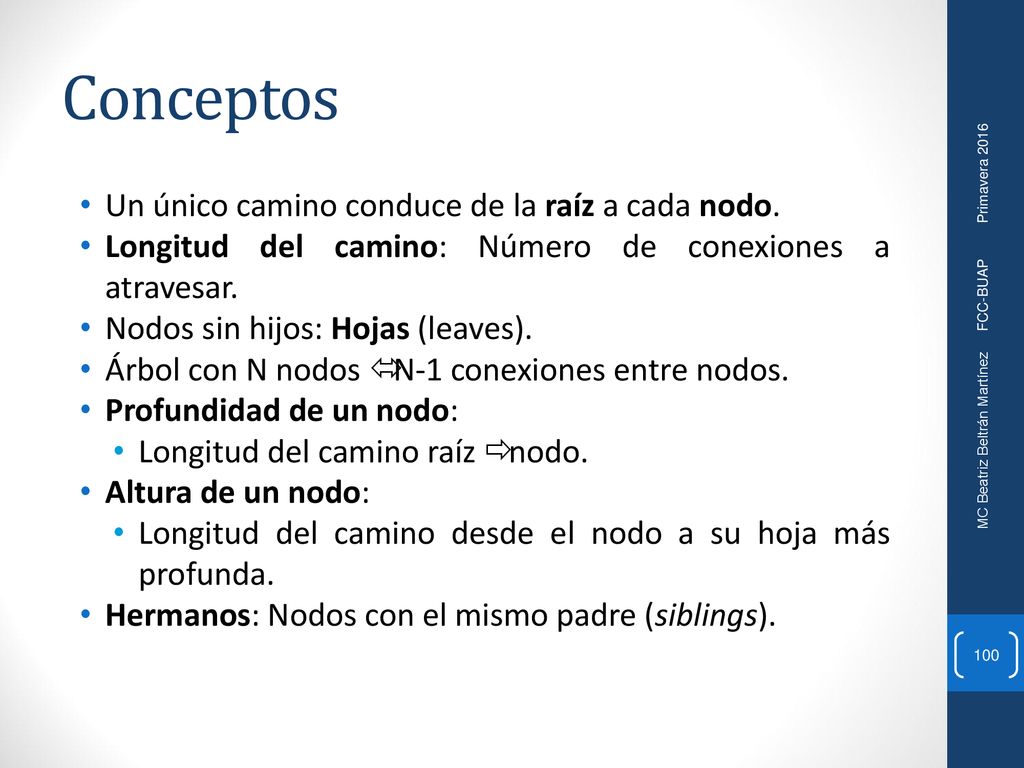 Conceptos Un único camino conduce de la raíz a cada nodo.