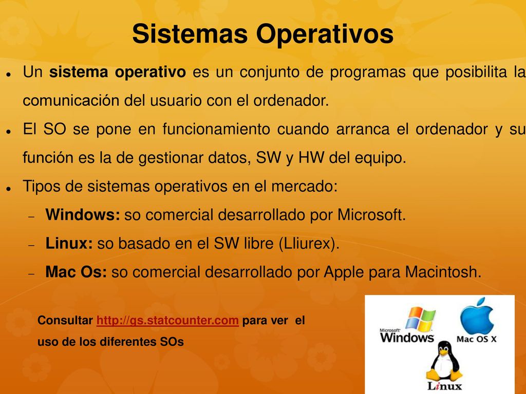 Sistemas Operativos Un sistema operativo es un conjunto de programas que posibilita la comunicación del usuario con el ordenador.