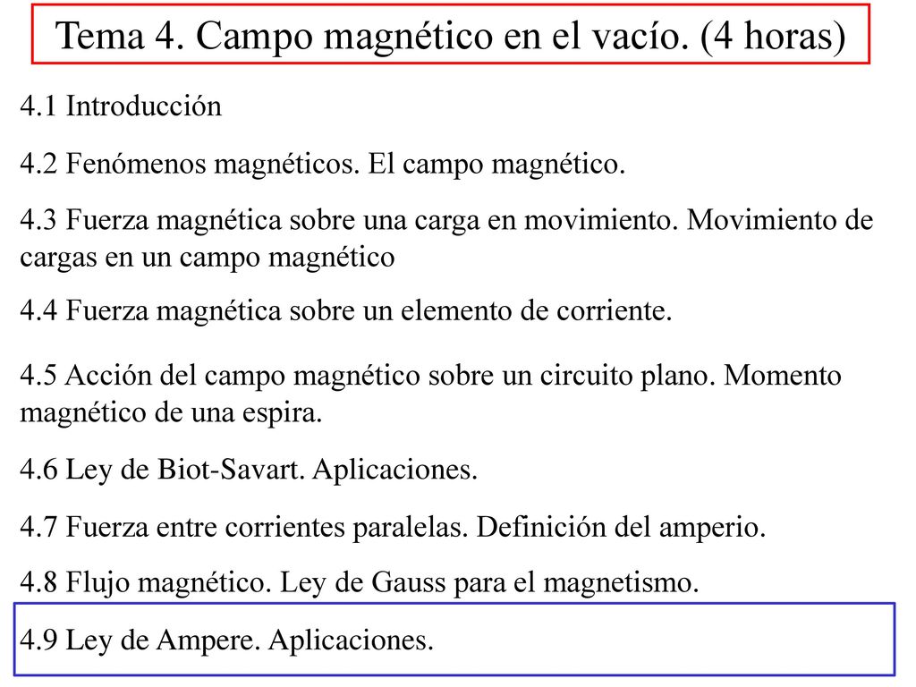 Tema 4. Campo magnético en el vacío. (4 horas)