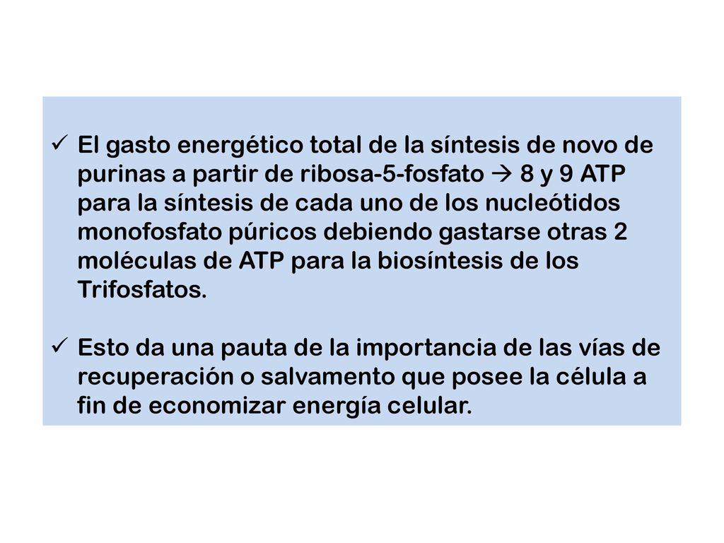 El gasto energético total de la síntesis de novo de purinas a partir de ribosa-5-fosfato  8 y 9 ATP para la síntesis de cada uno de los nucleótidos monofosfato púricos debiendo gastarse otras 2 moléculas de ATP para la biosíntesis de los Trifosfatos.