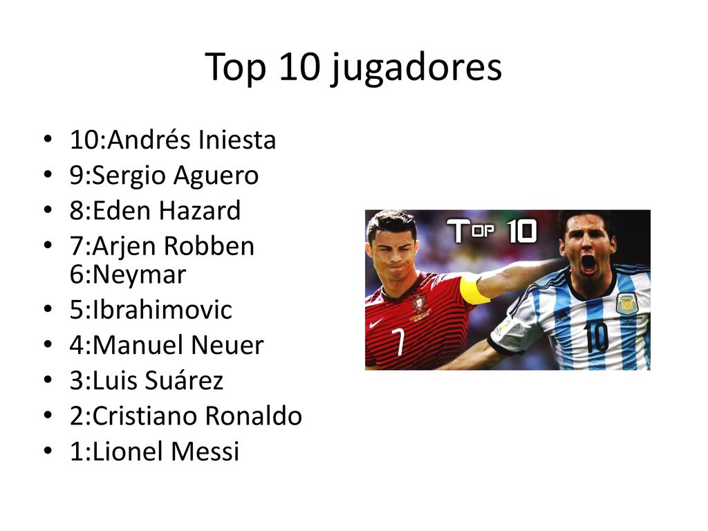Top 10 jugadores 10:Andrés Iniesta 9:Sergio Aguero 8:Eden Hazard
