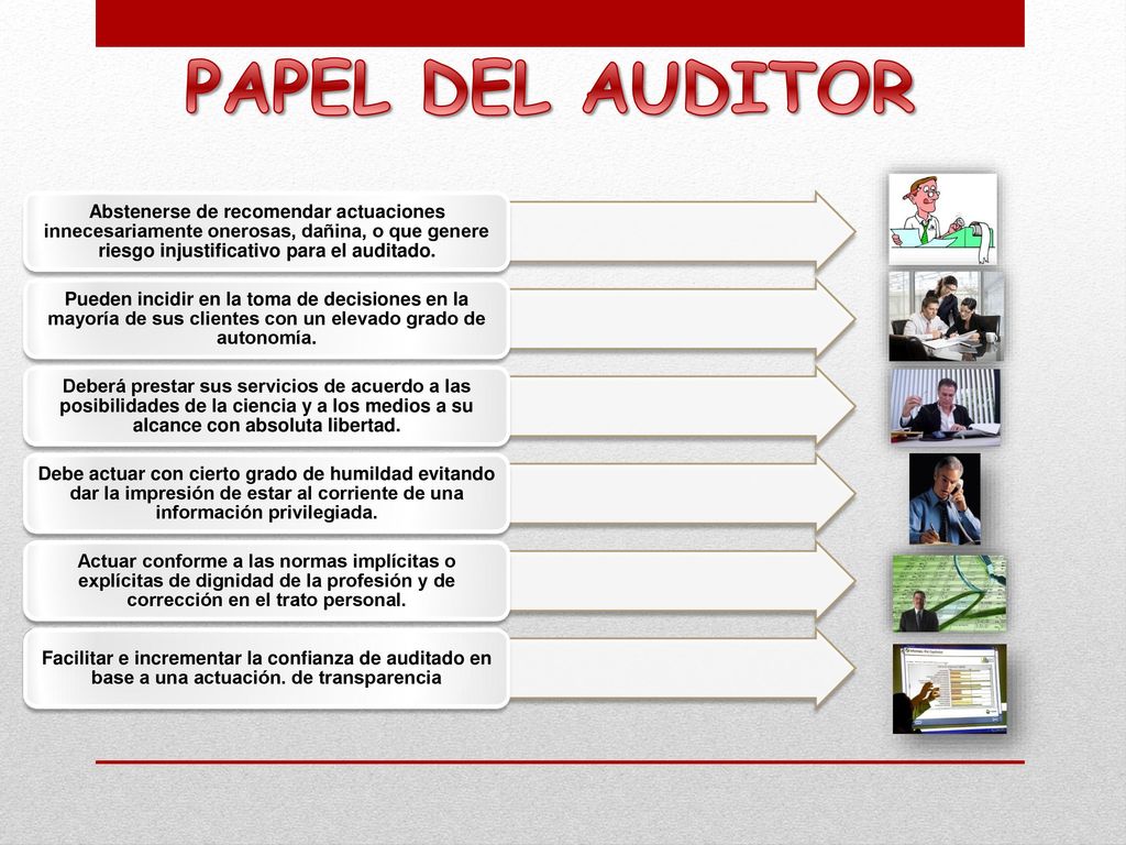 PAPEL DEL AUDITOR Abstenerse de recomendar actuaciones innecesariamente onerosas, dañina, o que genere riesgo injustificativo para el auditado.