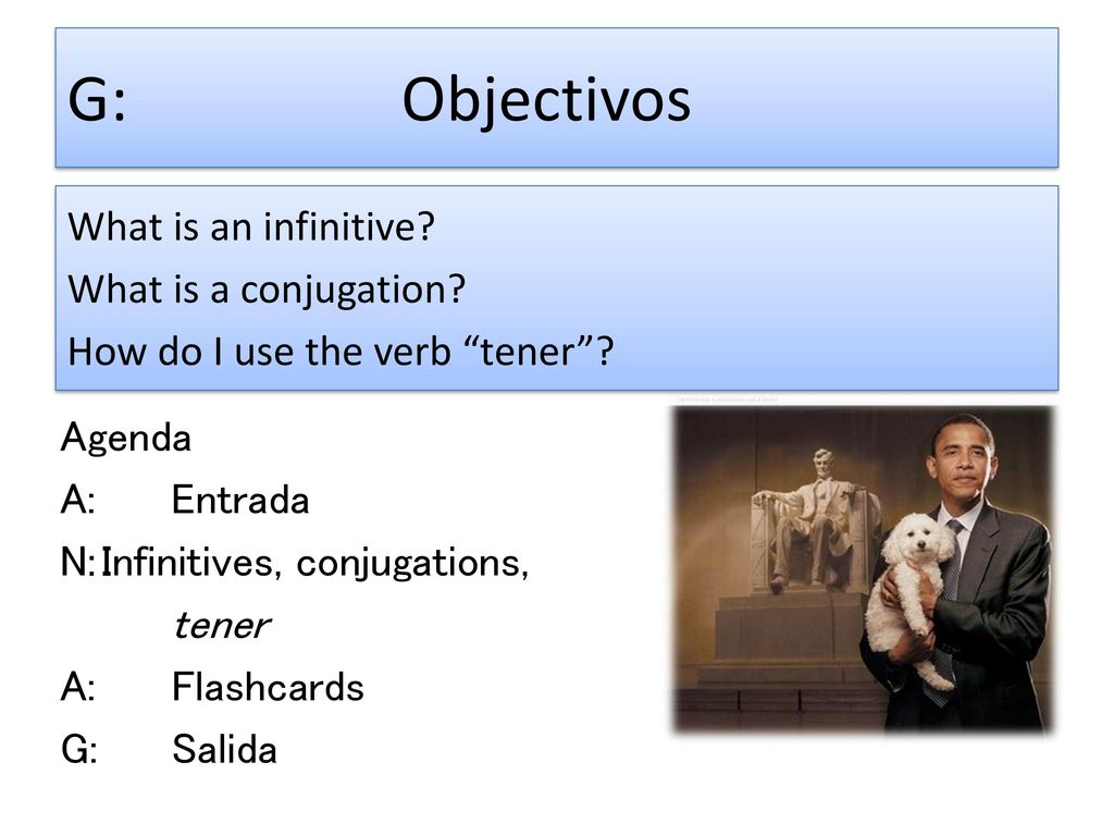 G: Objectivos What is an infinitive What is a conjugation How do I use the verb tener Agenda.
