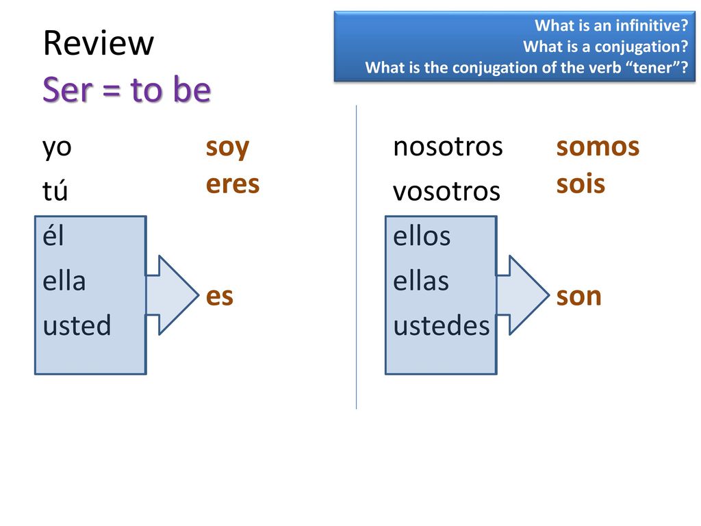 What is an infinitive What is a conjugation What is the conjugation of the verb tener Review Ser = to be.