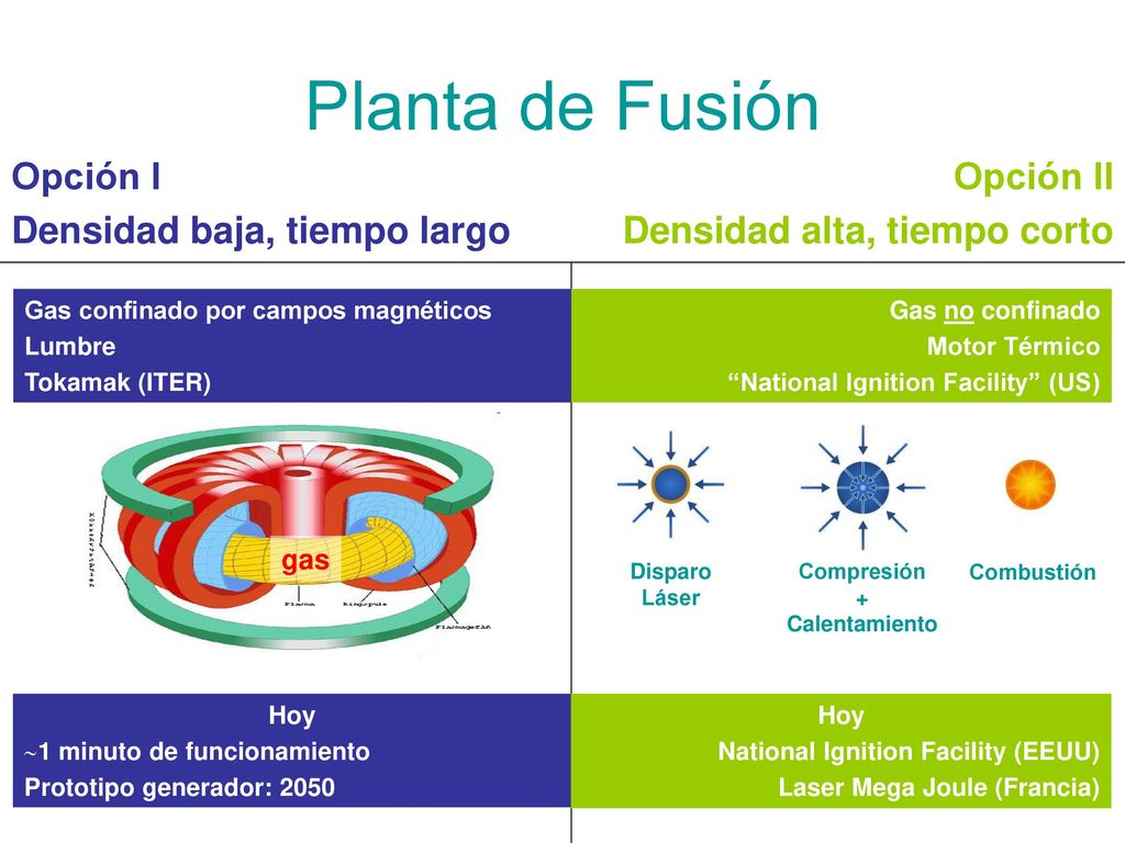 Planta de Fusión Opción I Densidad baja, tiempo largo Opción II