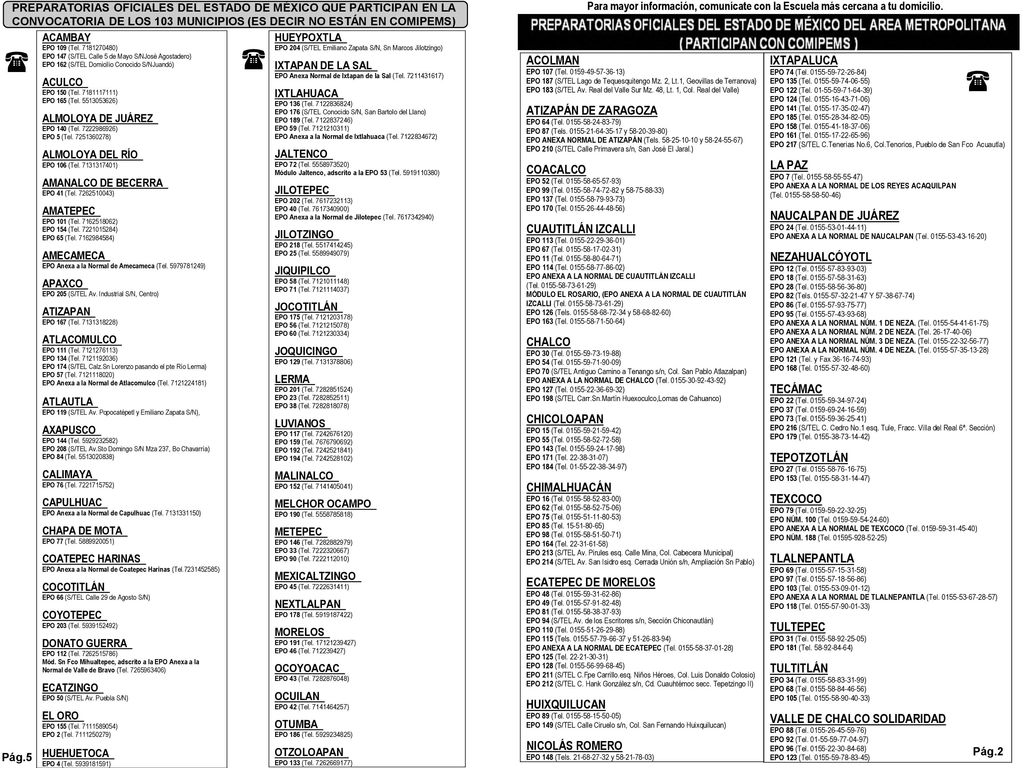 PREPARATORIAS OFICIALES DEL ESTADO DE MÉXICO QUE PARTICIPAN EN LA CONVOCATORIA DE LOS 103 MUNICIPIOS (ES DECIR NO ESTÁN EN COMIPEMS)