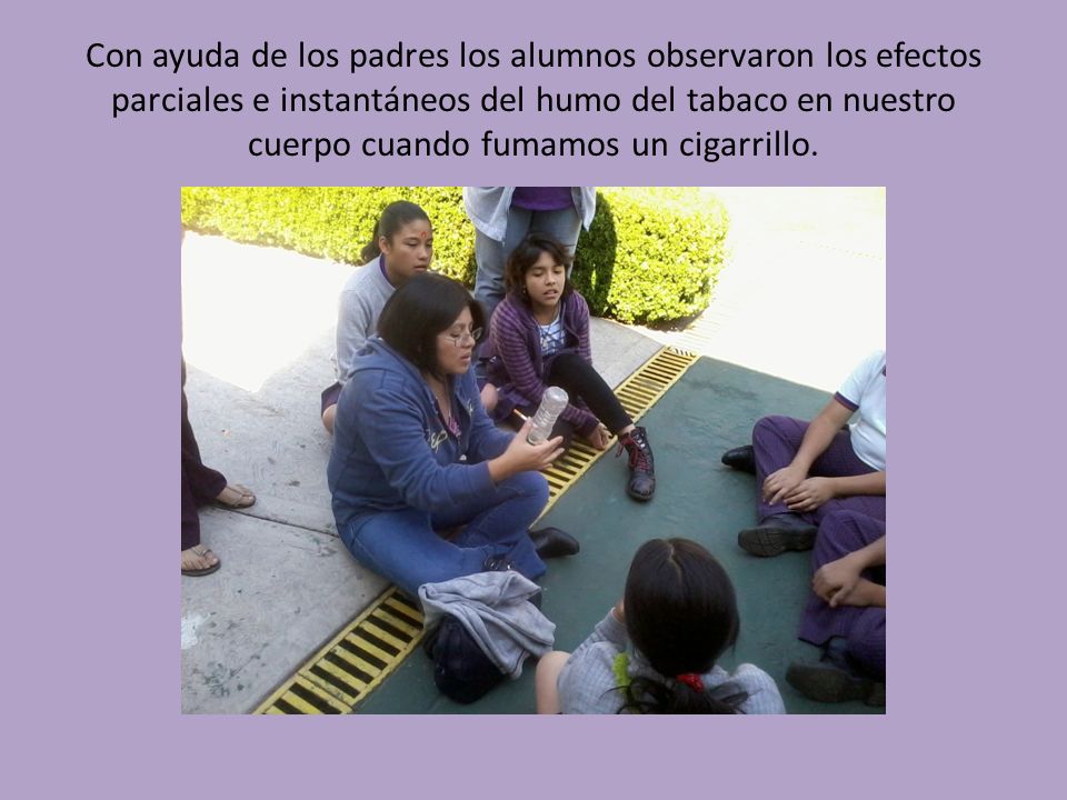 Con ayuda de los padres los alumnos observaron los efectos parciales e instantáneos del humo del tabaco en nuestro cuerpo cuando fumamos un cigarrillo.