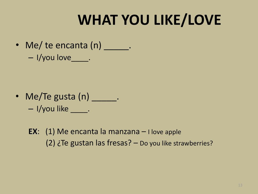 WHAT YOU LIKE/LOVE Me/ te encanta (n) _____. Me/Te gusta (n) _____.