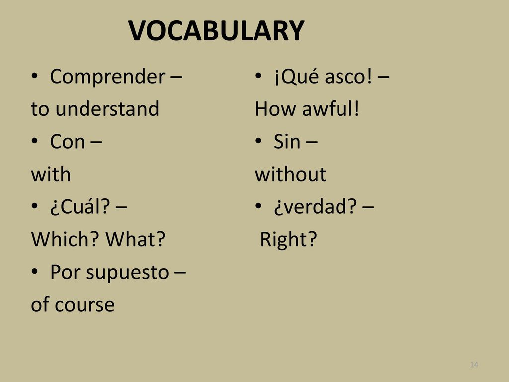 VOCABULARY Comprender – ¡Qué asco! – to understand How awful! Con –