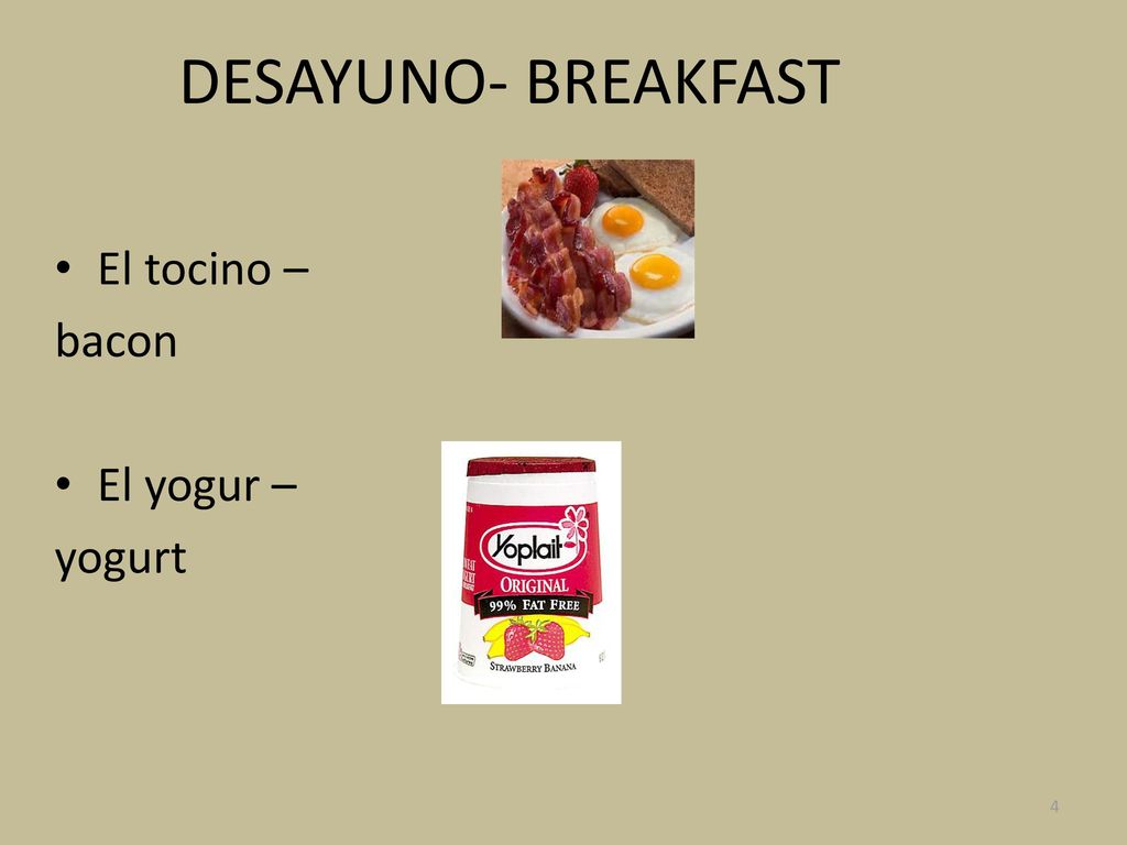 DESAYUNO- BREAKFAST El tocino – bacon El yogur – yogurt