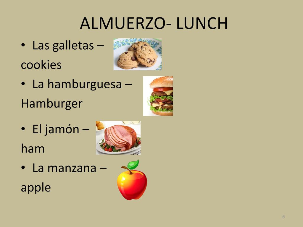 ALMUERZO- LUNCH Las galletas – cookies La hamburguesa – Hamburger