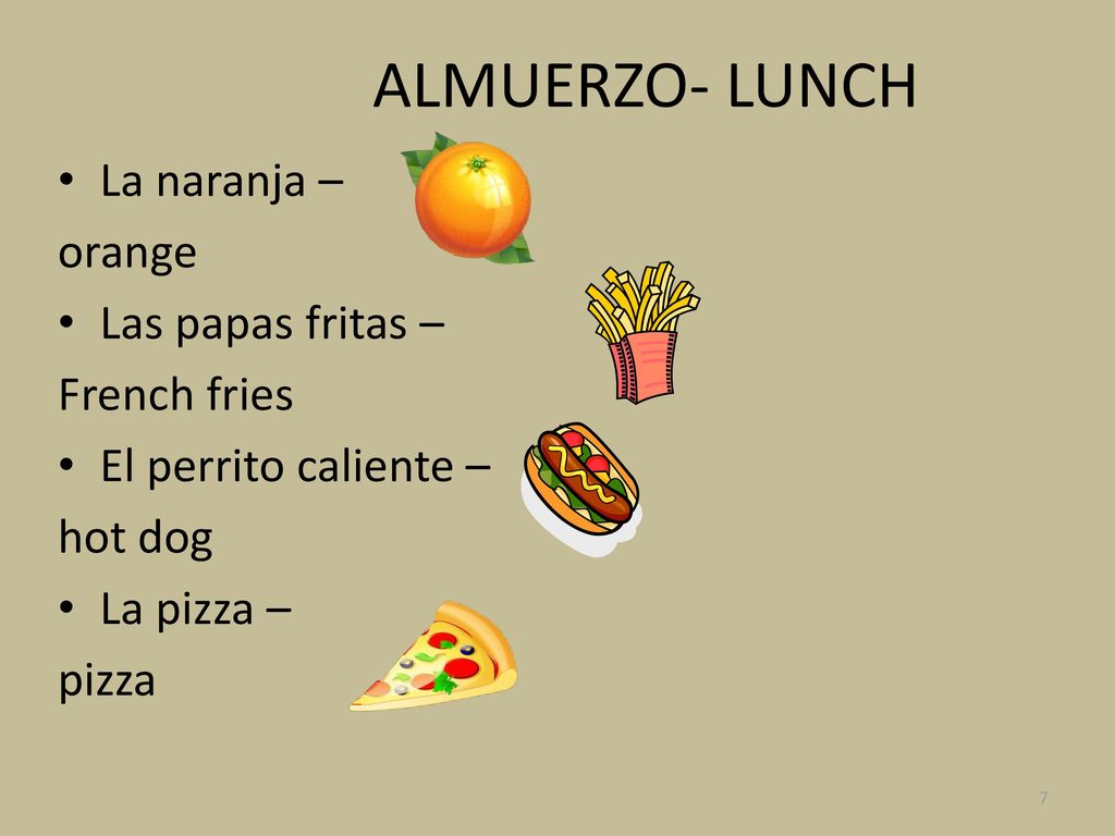 ALMUERZO- LUNCH La naranja – orange Las papas fritas – French fries