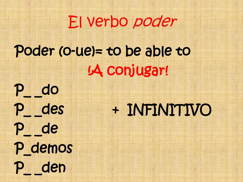 El verbo poder Poder (o-ue)= to be able to !A conjugar.
