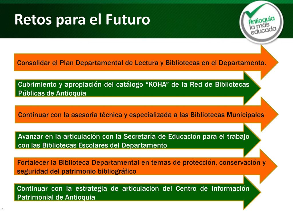 . Retos para el Futuro. Consolidar el Plan Departamental de Lectura y Bibliotecas en el Departamento.