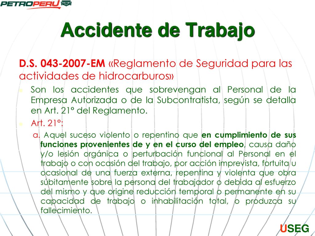 Accidente de Trabajo D.S EM «Reglamento de Seguridad para las actividades de hidrocarburos»