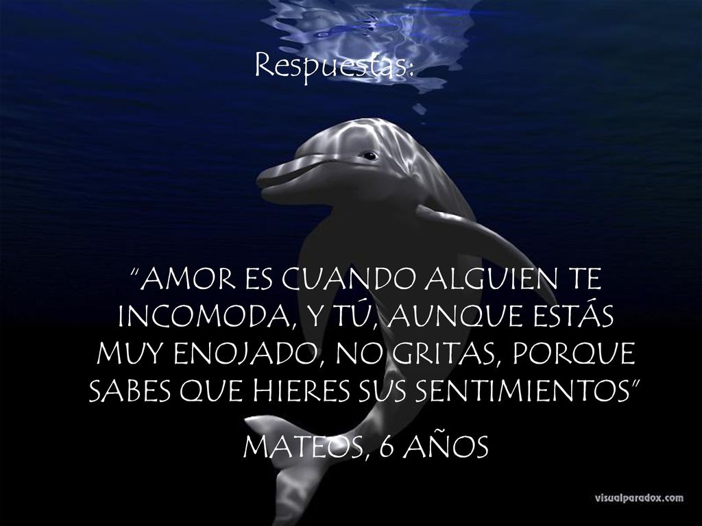 Respuestas: AMOR ES CUANDO ALGUIEN TE INCOMODA, Y TÚ, AUNQUE ESTÁS MUY ENOJADO, NO GRITAS, PORQUE SABES QUE HIERES SUS SENTIMIENTOS