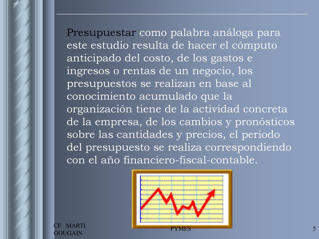 Presupuestar como palabra análoga para este estudio resulta de hacer el cómputo anticipado del costo, de los gastos e ingresos o rentas de un negocio, los presupuestos se realizan en base al conocimiento acumulado que la organización tiene de la actividad concreta de la empresa, de los cambios y pronósticos sobre las cantidades y precios, el periodo del presupuesto se realiza correspondiendo con el año financiero-fiscal-contable.