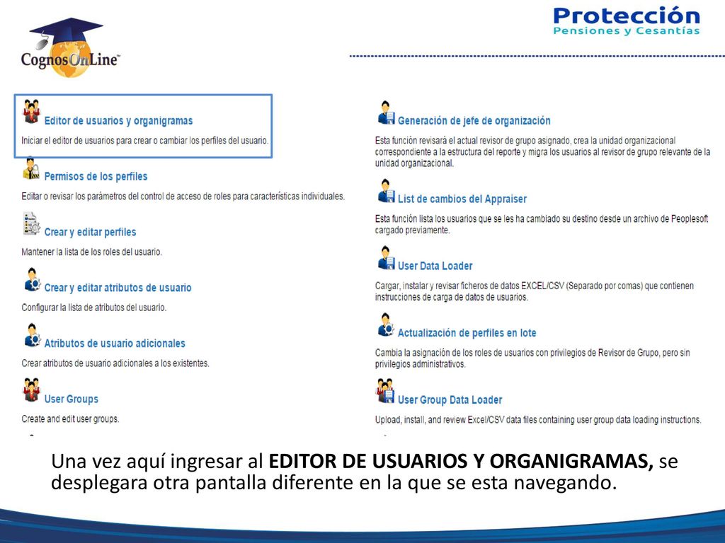 Una vez aquí ingresar al EDITOR DE USUARIOS Y ORGANIGRAMAS, se desplegara otra pantalla diferente en la que se esta navegando.