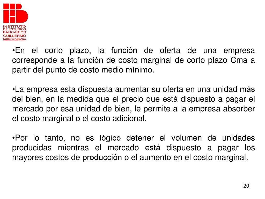 En el corto plazo, la función de oferta de una empresa corresponde a la función de costo marginal de corto plazo Cma a partir del punto de costo medio mínimo.