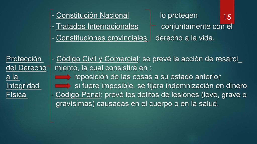 - Constitución Nacional lo protegen - Tratados Internacionales conjuntamente con el - Constituciones provinciales derecho a la vida.