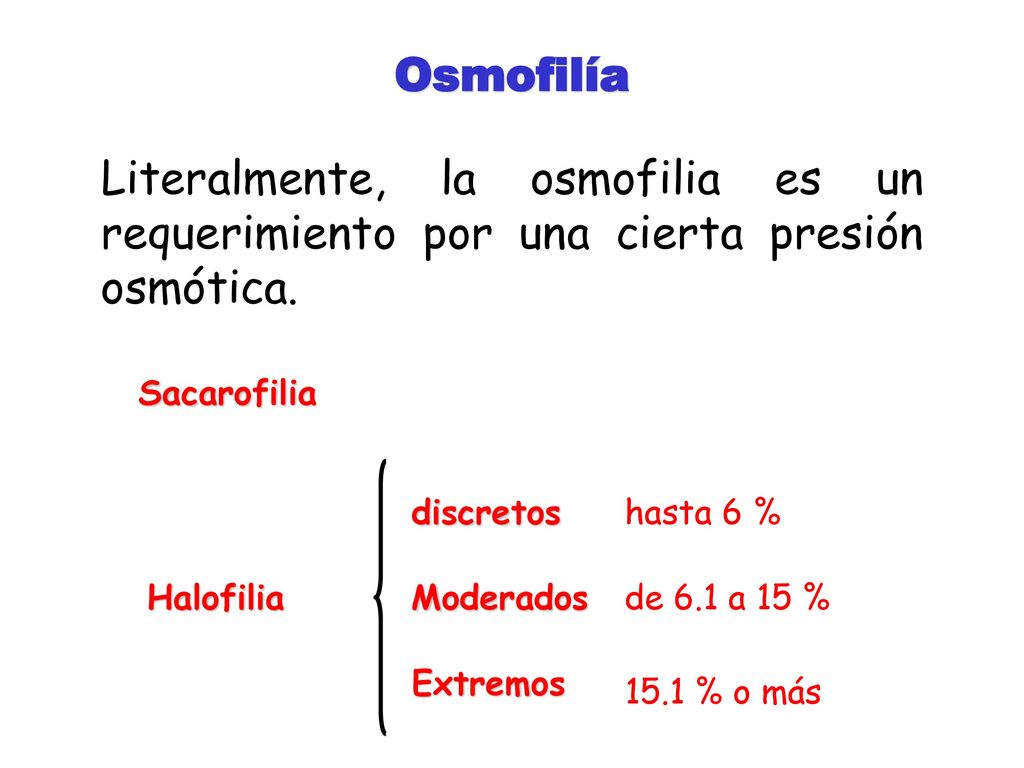 Osmofilía Literalmente, la osmofilia es un requerimiento por una cierta presión osmótica. Sacarofilia.