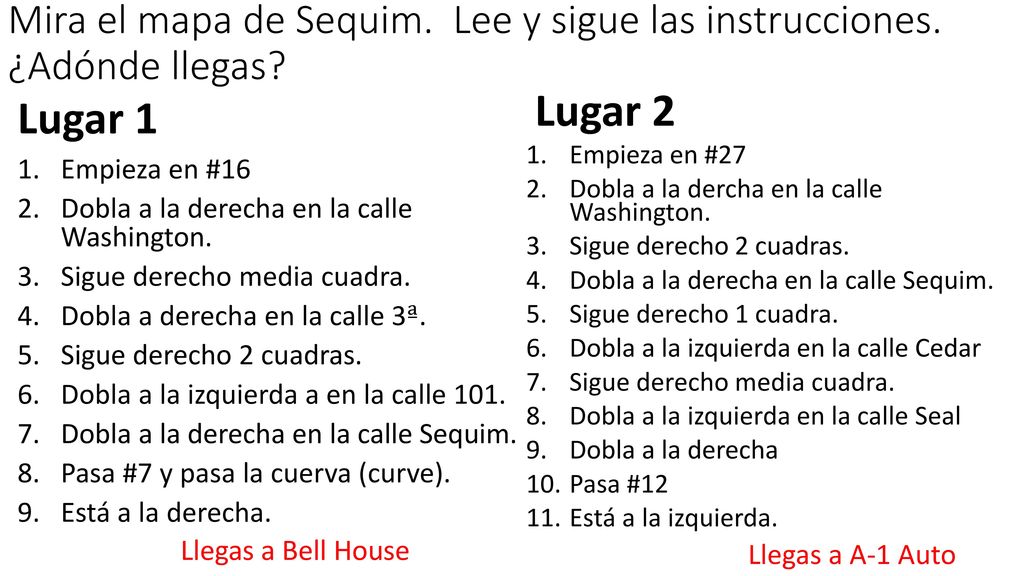 Mira el mapa de Sequim. Lee y sigue las instrucciones. ¿Adónde llegas