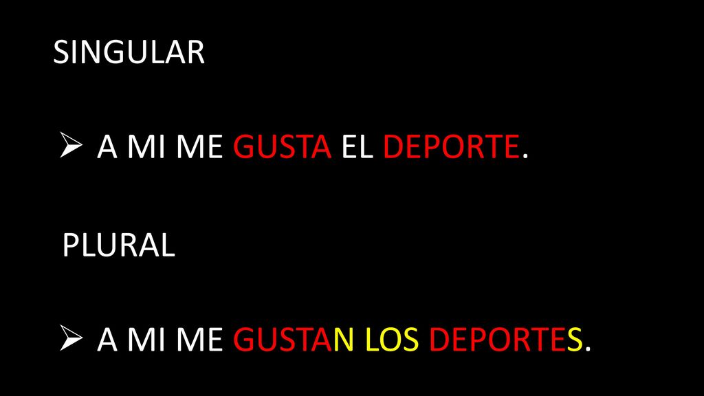SINGULAR A MI ME GUSTA EL DEPORTE. PLURAL A MI ME GUSTAN LOS DEPORTES.