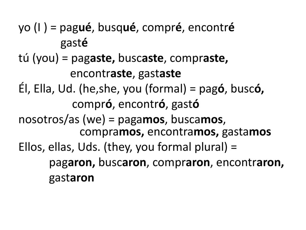 yo (I ) = pagué, busqué, compré, encontré gasté tú (you) = pagaste, buscaste, compraste, encontraste, gastaste Él, Ella, Ud.