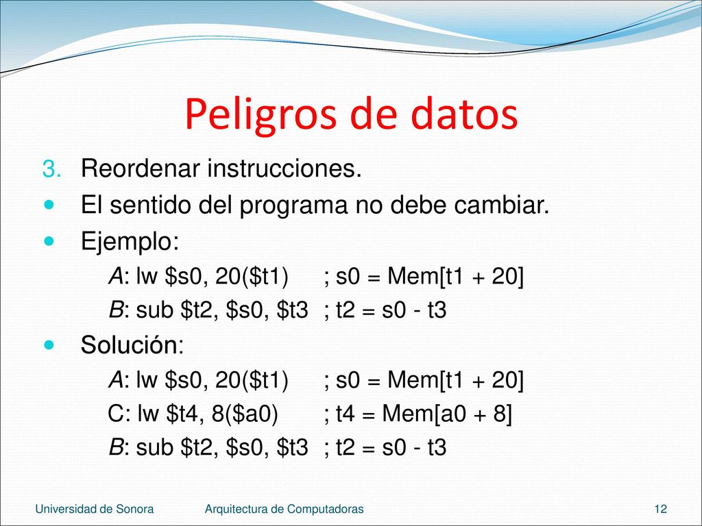 Peligros de datos Reordenar instrucciones.