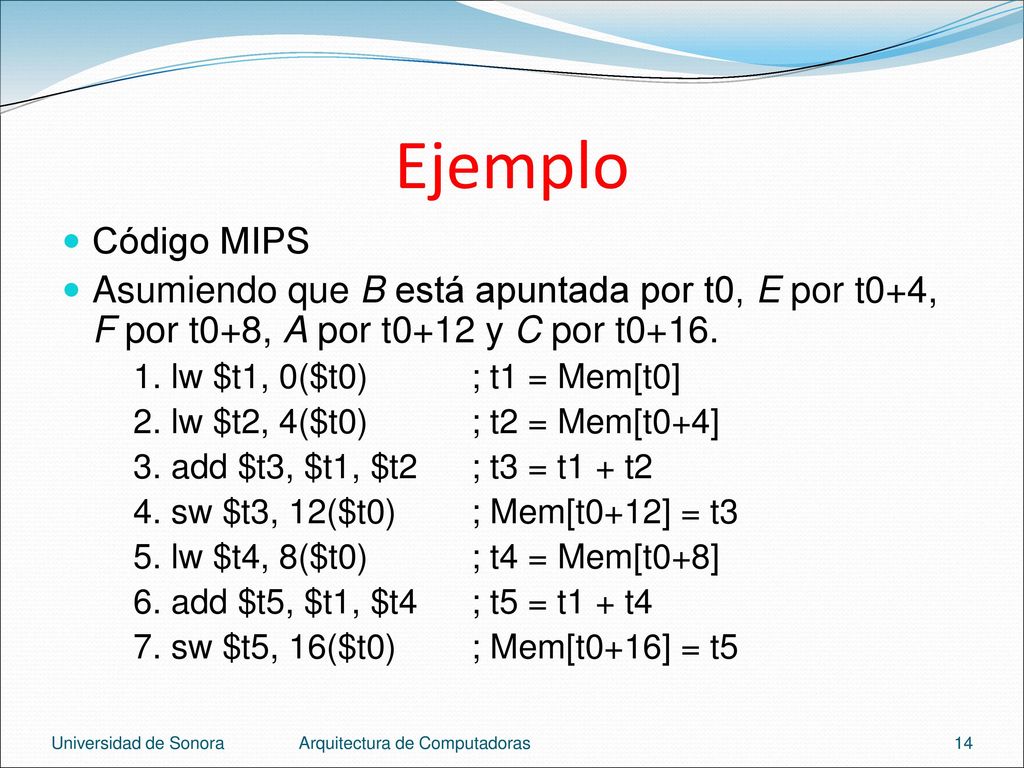 Ejemplo Código MIPS. Asumiendo que B está apuntada por t0, E por t0+4, F por t0+8, A por t0+12 y C por t0+16.