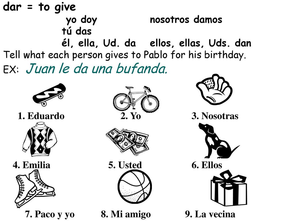 dar = to give tú das él, ella, Ud. da ellos, ellas, Uds. dan