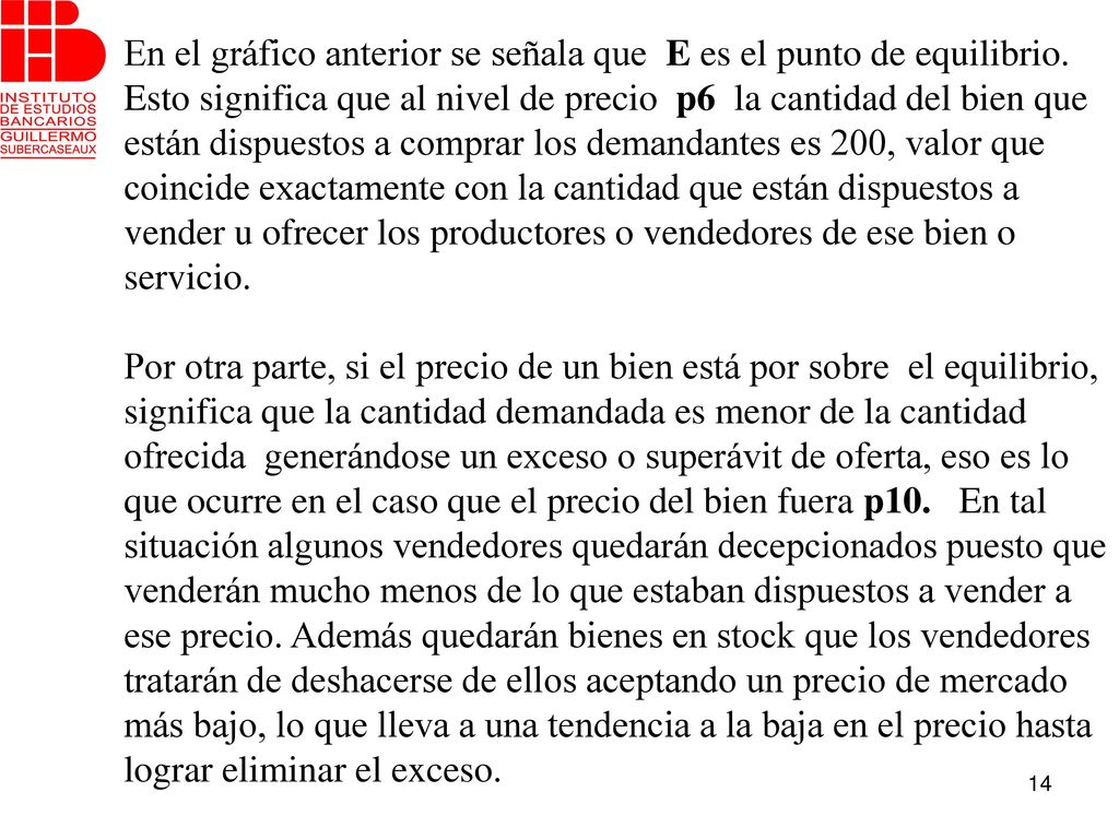 En el gráfico anterior se señala que E es el punto de equilibrio.