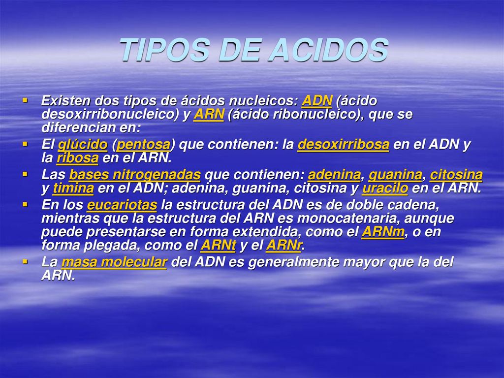 TIPOS DE ACIDOS Existen dos tipos de ácidos nucleicos: ADN (ácido desoxirribonucleico) y ARN (ácido ribonucleico), que se diferencian en: