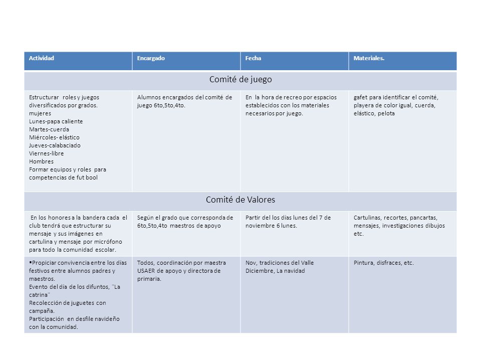 Comité de juego Comité de Valores Actividad Encargado Fecha