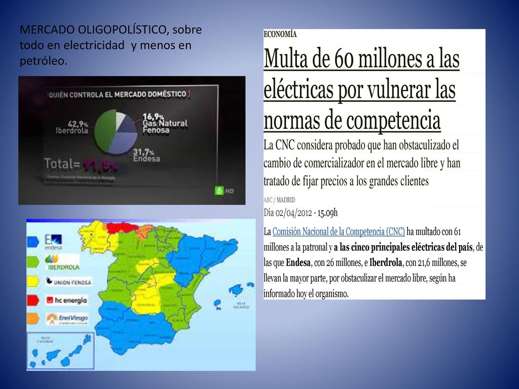 MERCADO OLIGOPOLÍSTICO, sobre todo en electricidad y menos en petróleo.