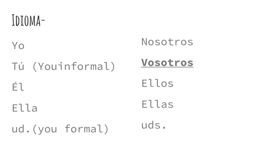 Idioma- Nosotros Yo Vosotros Tú (Youinformal) Ellos Él Ellas Ella uds.
