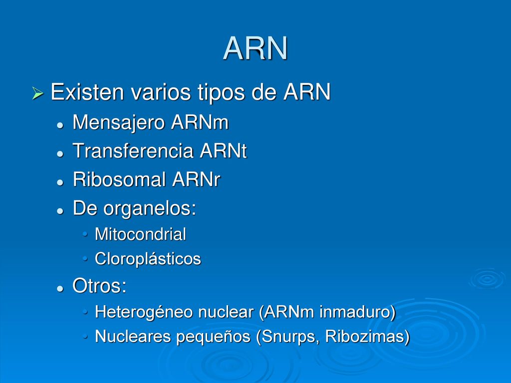 ARN Existen varios tipos de ARN Mensajero ARNm Transferencia ARNt