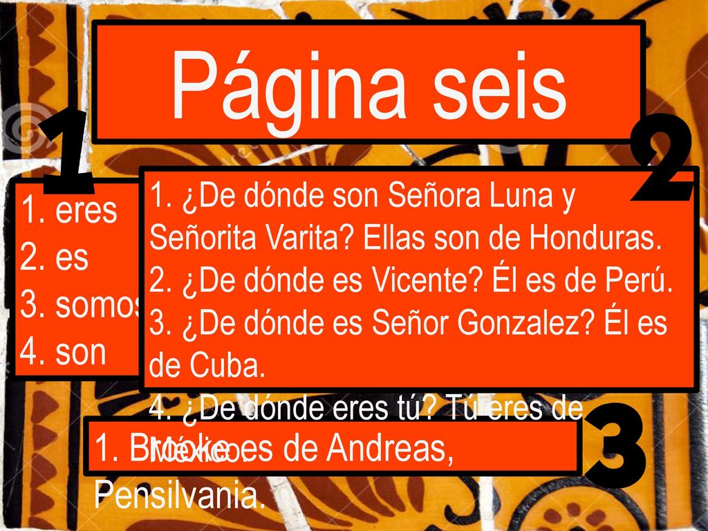Página seis 1. eres 2. es 3. somos 4. son