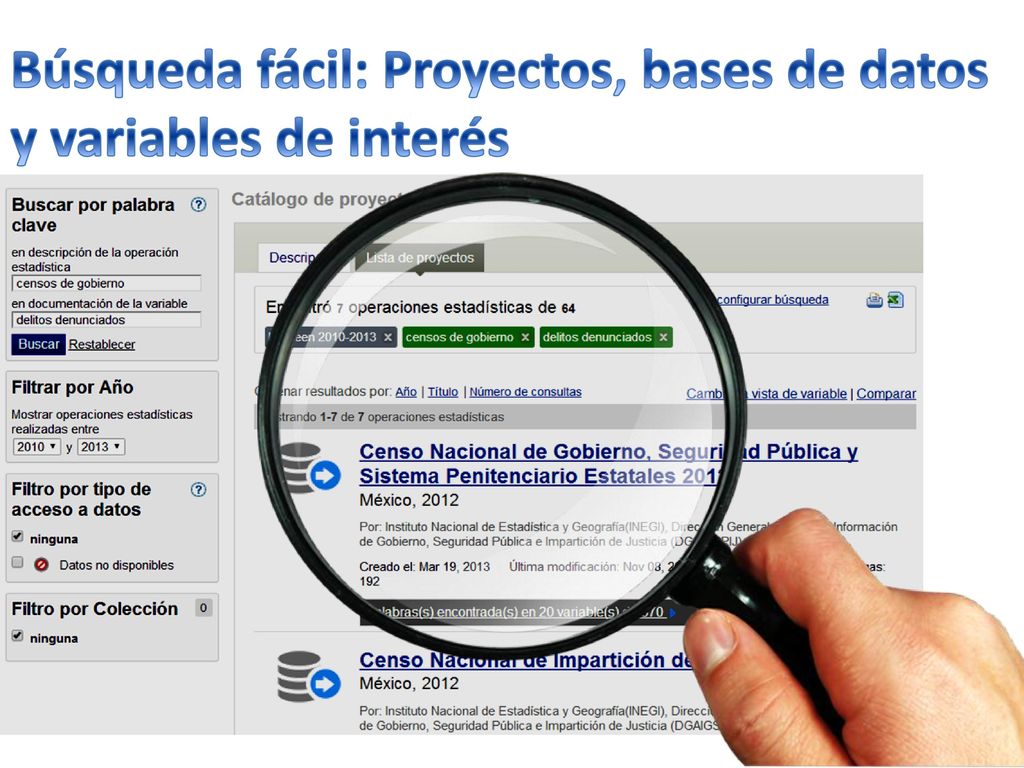 Búsqueda fácil: Proyectos, bases de datos y variables de interés