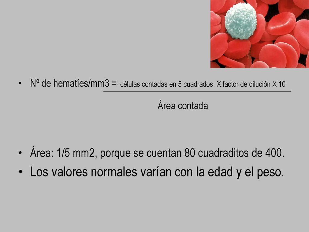 Área contada Los valores normales varían con la edad y el peso.
