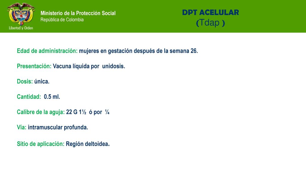 DPT ACELULAR (Tdap ) Edad de administración: mujeres en gestación después de la semana 26. Presentación: Vacuna líquida por unidosis.