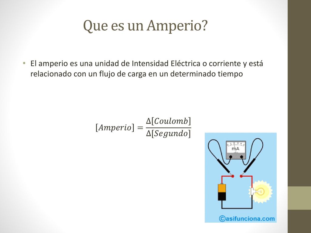 Que es un Amperio El amperio es una unidad de Intensidad Eléctrica o corriente y está relacionado con un flujo de carga en un determinado tiempo.