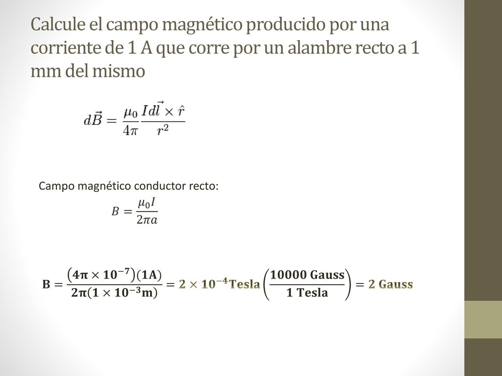 Calcule el campo magnético producido por una corriente de 1 A que corre por un alambre recto a 1 mm del mismo