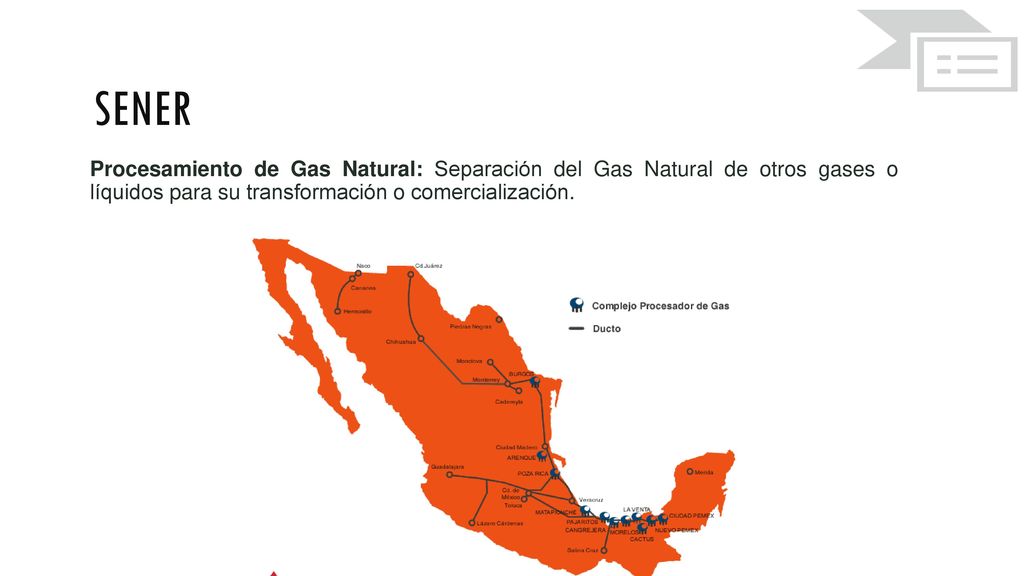 sener Procesamiento de Gas Natural: Separación del Gas Natural de otros gases o líquidos para su transformación o comercialización.